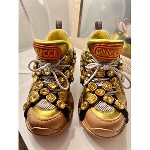 GUCCI Flashtrek Sneakers Calfskin Leather Gold 🌟Removable Crystals *AUTHENTIC*